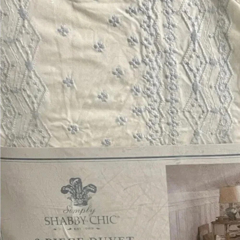 Simply Shabby Chic Duvet Cover With Sham Size Twin White Blue Embroidered Cotton